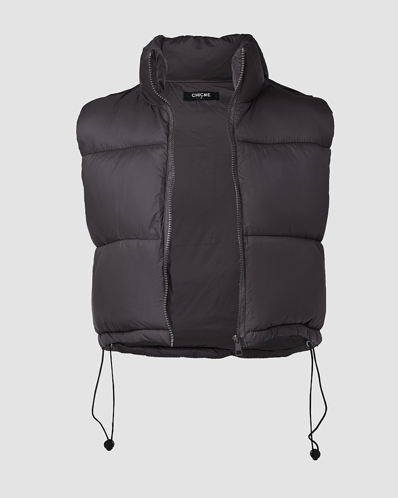 Stand Collar Zip Up Lightweight Cropped Puffer Vest Sleeveless Drawstring Hem Padded Coat