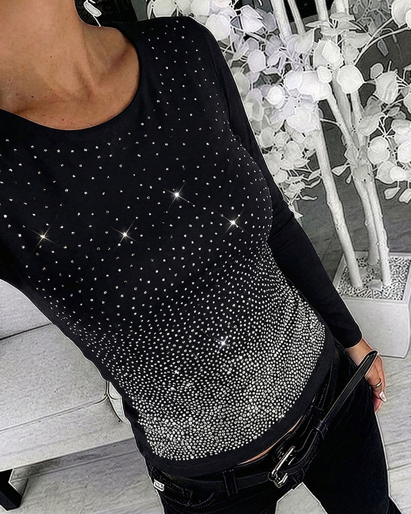 Women's Rhinestone Long Sleeve Top Slim Fit Round Neck Casual Pullover
