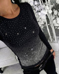 Women's Rhinestone Long Sleeve Top Slim Fit Round Neck Casual Pullover