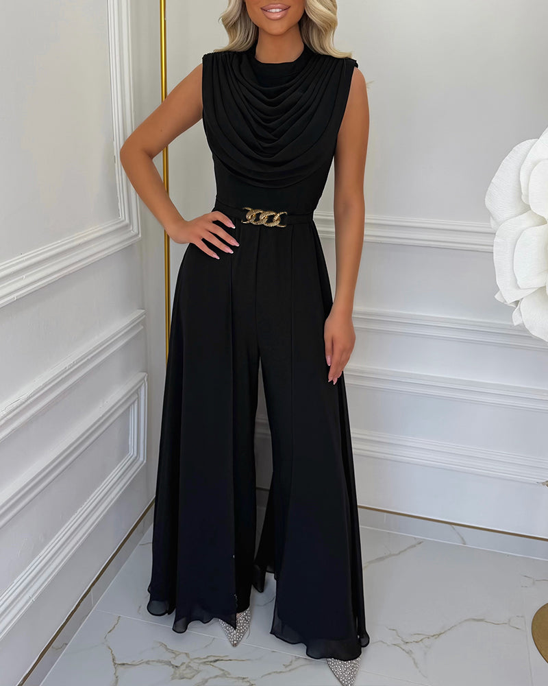 Women's Cowl Neck Wide Leg Jumpsuit High Waist Sleeveless Chiffon Overlay Spliced Evening Overalls with Belt