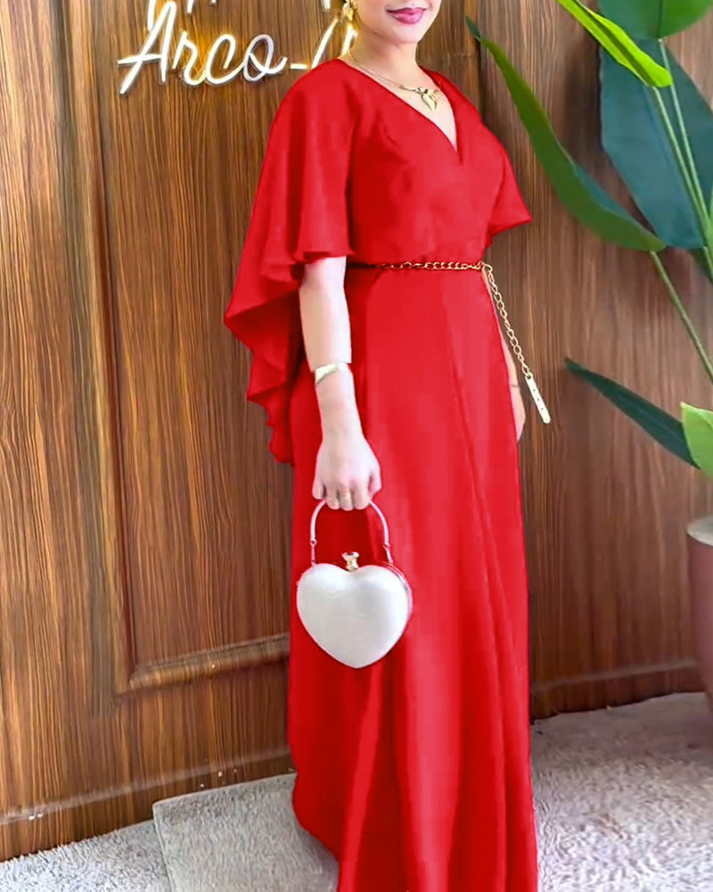 Overlap V-Neck Asymmetrical Ruffles Cape Design Cinched Waist Maxi Dress Elegant Shirred Back Evening Dress without Belt