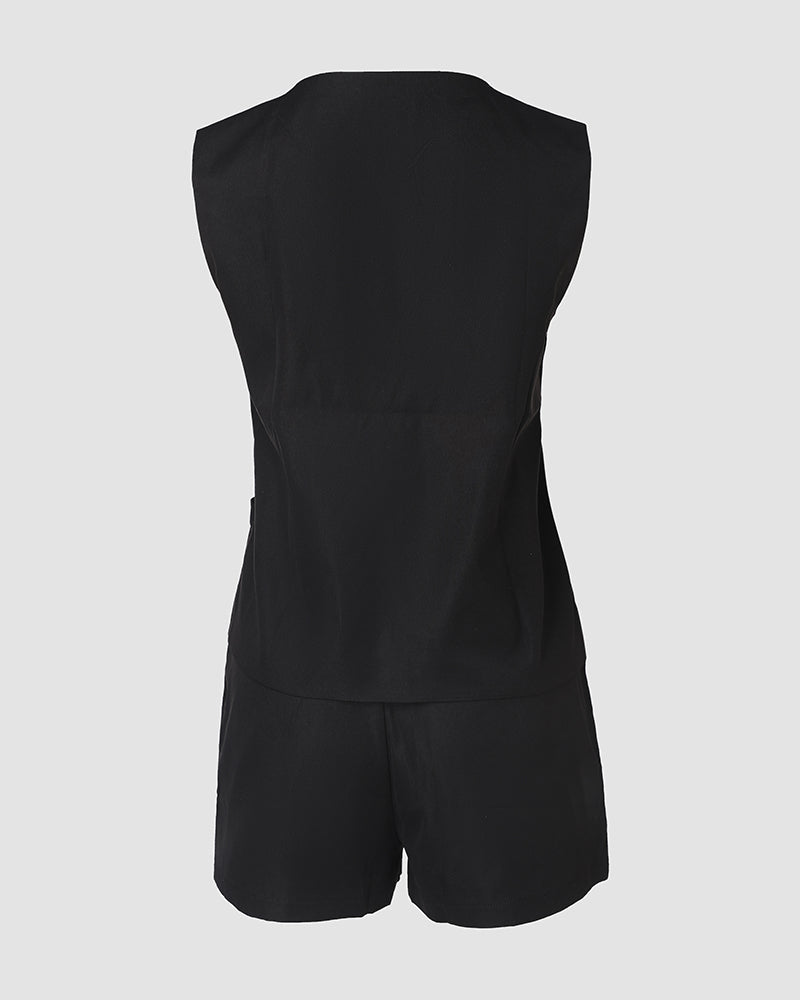 2 Pieces Outfit V-Neck Sleeveless Button Front Vest and Zipper Fly Colorblock Elastic Back Waist Shorts Set Casual Blazer Set