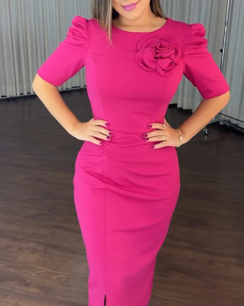 3D Flower Decor Round Neck Puff Sleeve Bodycon Dress Casual Ruched Slit Zipper Back Work Dress