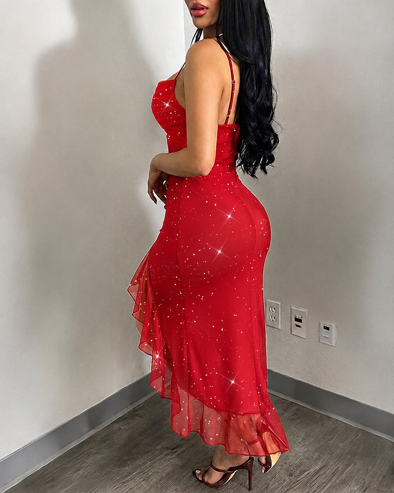 Women's Glitter Mesh Cami Dress Cowl Neck Slit Mermaid Dress Backless Ruffle Hem Party Dress with Built-In Bra