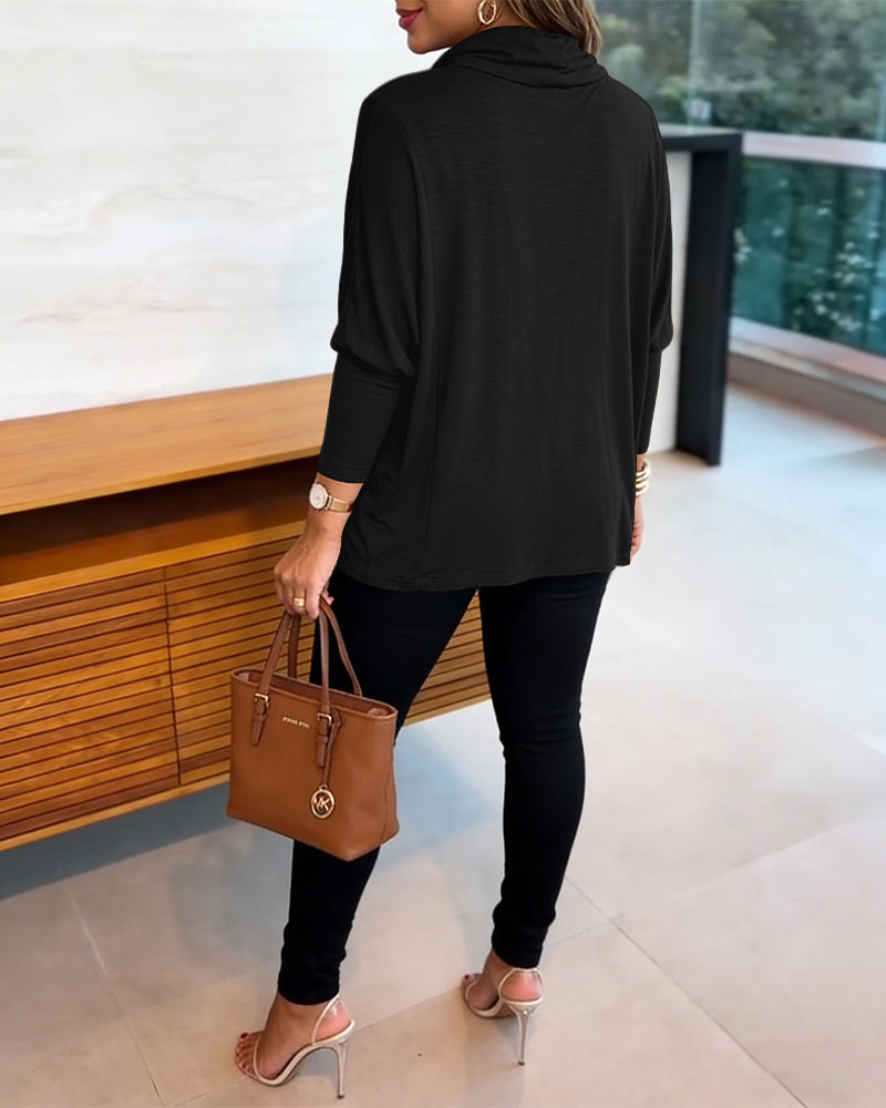 Women's Cowl Neck Batwing Sleeve Top Casual Long Sleeve Loose Pullover Comfortable Soft Drape Blouse
