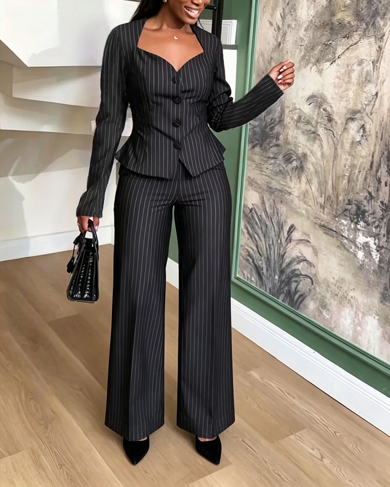 Women's 2 Piece Stripe Suit Elegant Sweetheart Neck Peplum Blazer and High Waisted Wide Leg Pants Business Outfits