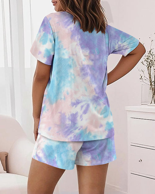 2 Pieces Outfit Letter Print Short Sleeve Top and Elastic Waist Shorts Set Casual Tie Dye Print Pajamas Set with Pockets For Mother's Day