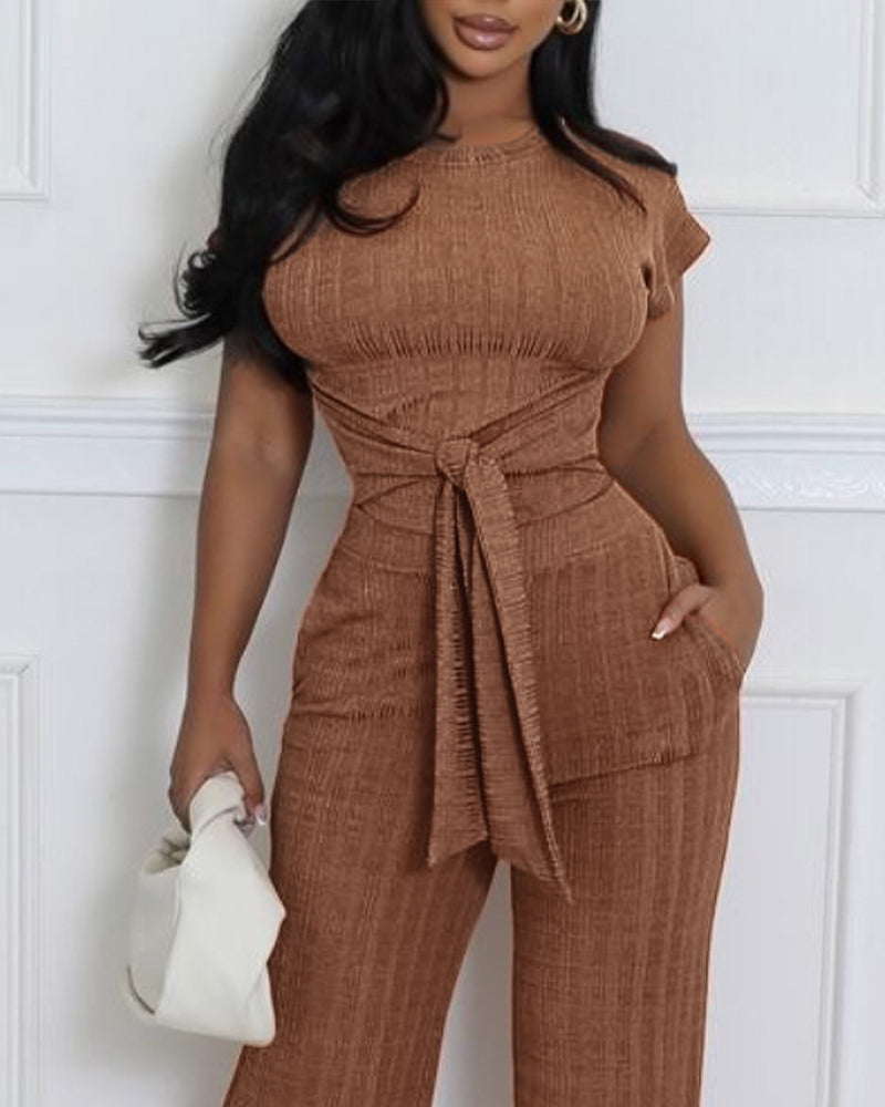 Women's Ribbed 2 Piece Outfits Tied Waist Crop Top and Straight Leg Pants Set Casual Matching Set with Pockets