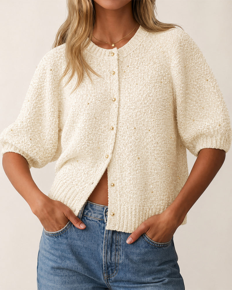 Women's Boucle Knit Cardigan Gold Beaded Puff Sleeve Sweater Crewneck Button Up Elegant Crop Outerwear