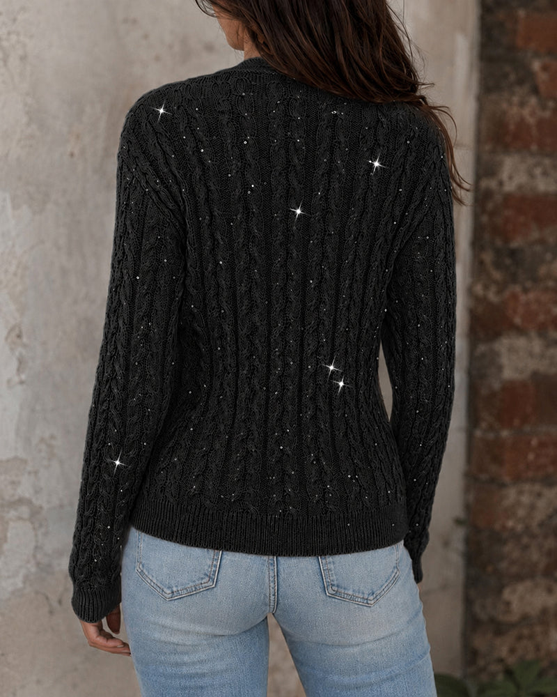 Women's Sequin Cable Knit Cardigan V Neck Button Down Slim Fit Long Sleeve Sweater