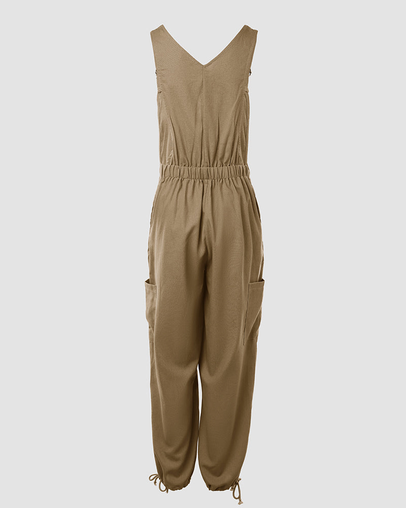Women's Cotton Linen Jumpsuit Cargo Utility Overalls Adjustable Straps Drawstring Suspender Jumpsuit