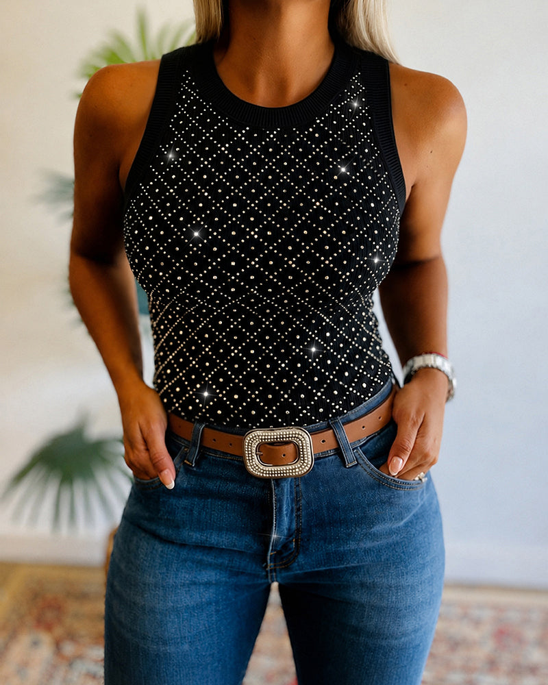 Women's Rhinestone Argyle Pattern Ribbed Tank Top Slim Fit Top