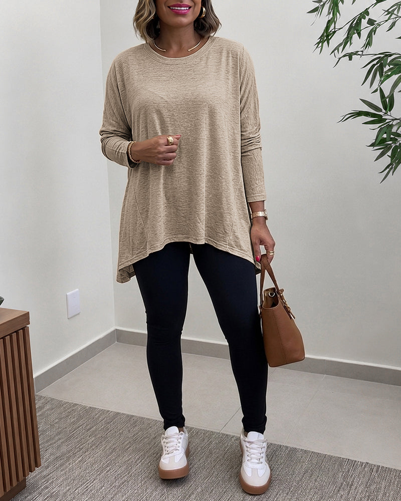 Women's Asymmetric Hem Long Sleeve Top Loose Fit Dropped Shoulder Crewneck Soft Slouchy Casual Tee