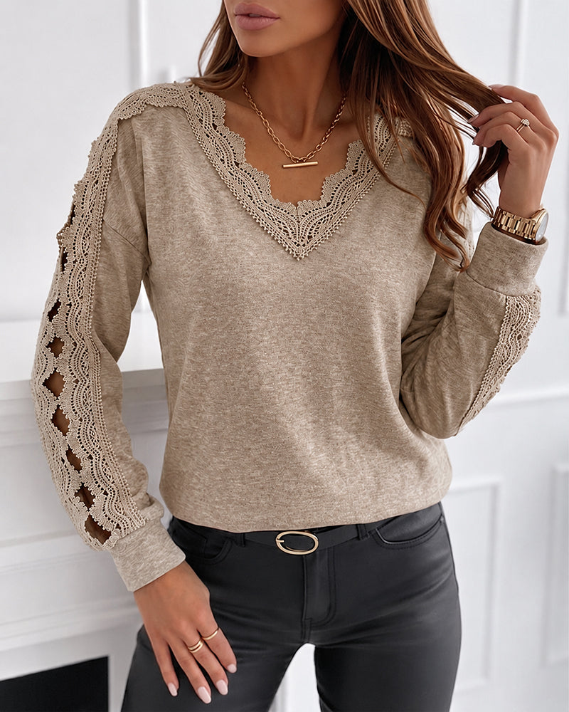 Women's Lace Patchwork V-Neck Top Hollow Out Drop Shoulder Long Sleeve Knit Pullover Elegant Loose Fit Casual Tee