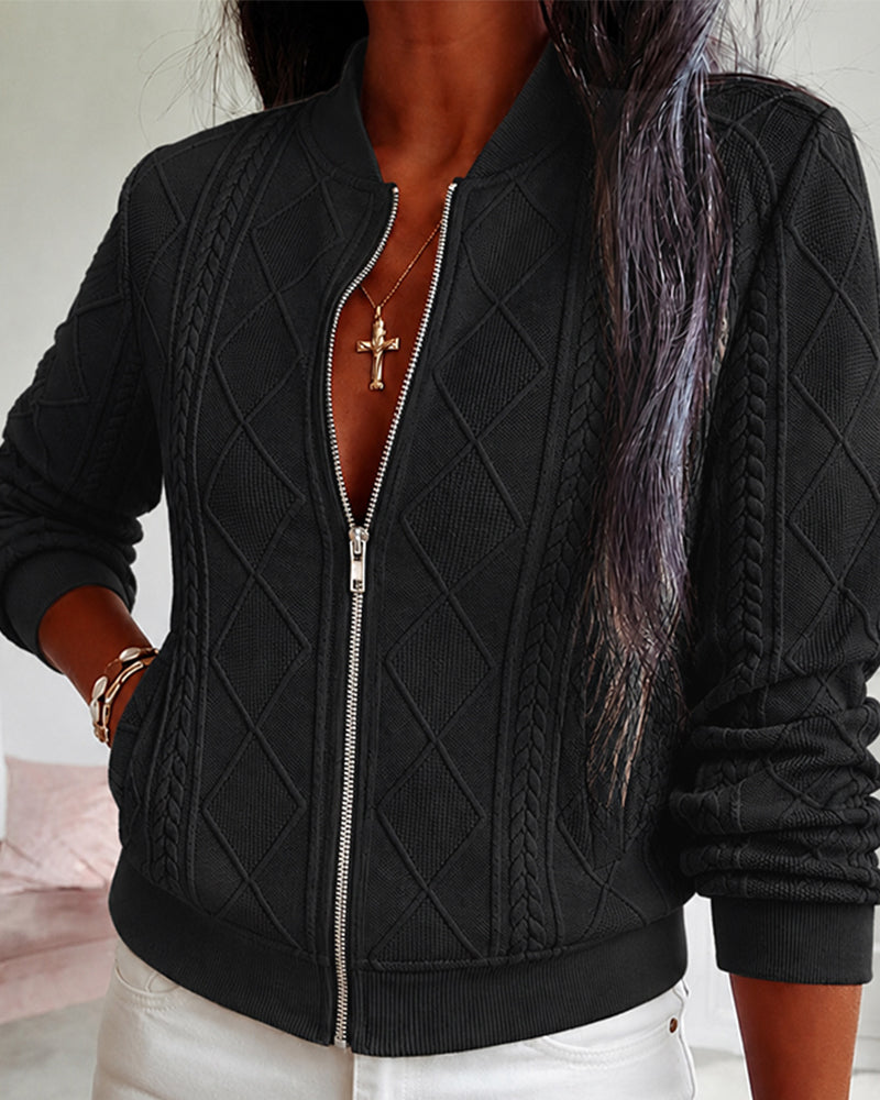 Women's Vintage Cable Knit Bomber Jacket Casual Argyle Zip Up Crop Coat with Pockets