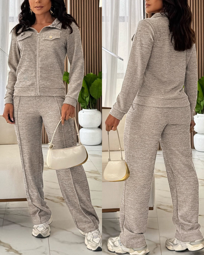 Women's Casual Tracksuit Set Zip Up Long Sleeve Lapel Jacket and High Waisted Straight Leg Pants Lounge Set with Pockets