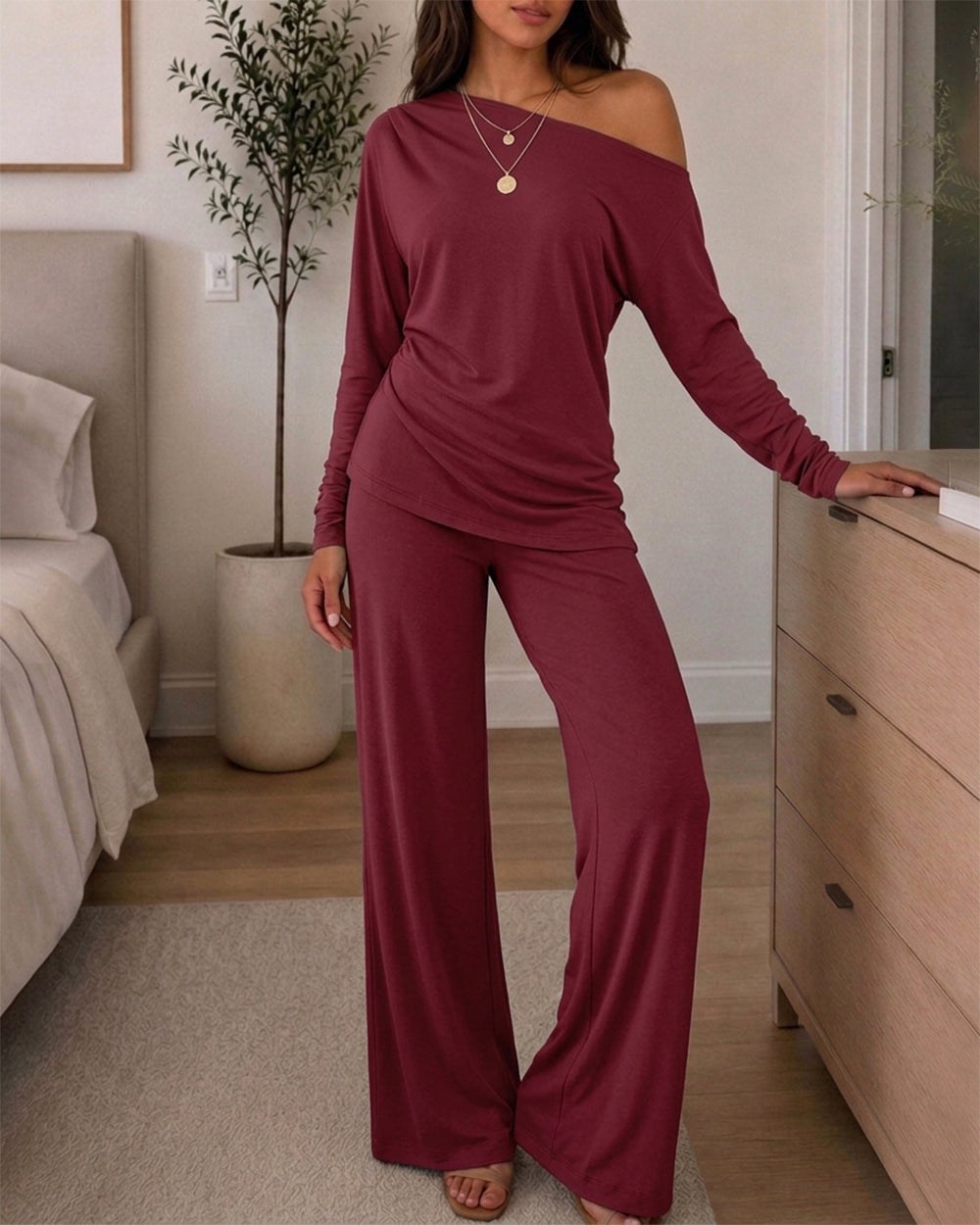 CHICME ESSENCE Women's 2 Piece Lounge Set Skew Neck Ruched Asymmetric Hem Long Sleeve Top and Wide Leg Pants Matching Outfit