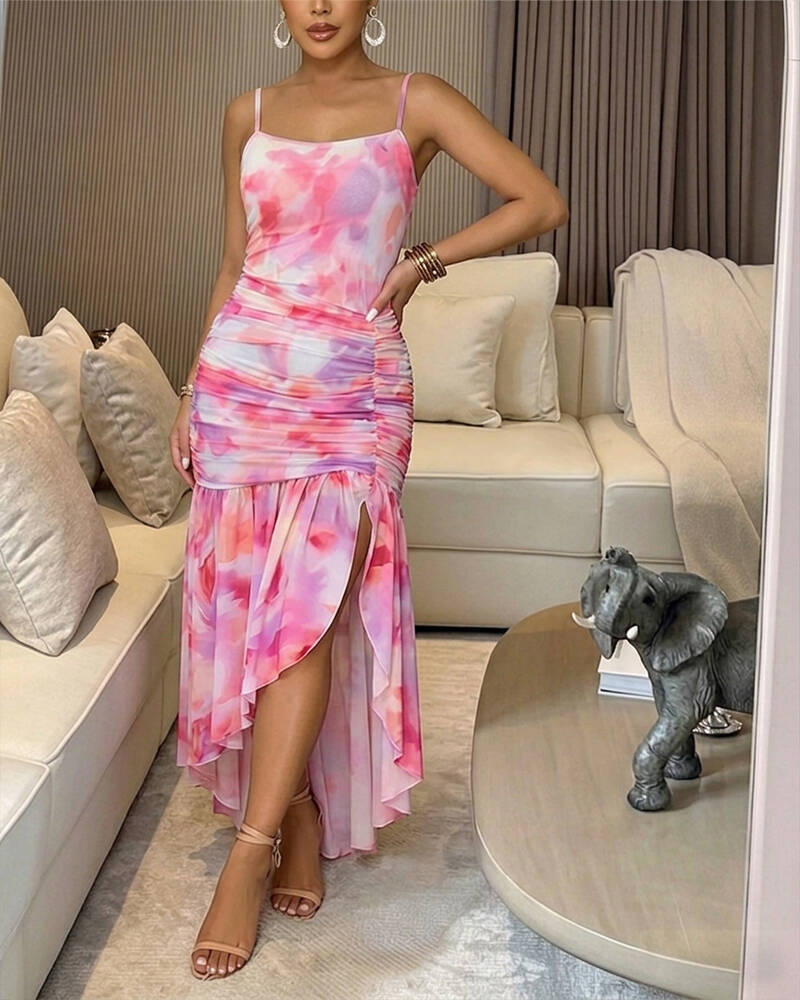 Women’s Tie Dye Mesh Cami Dress Square Neck Asymmetric Ruffle Hem Slit Maxi Dress