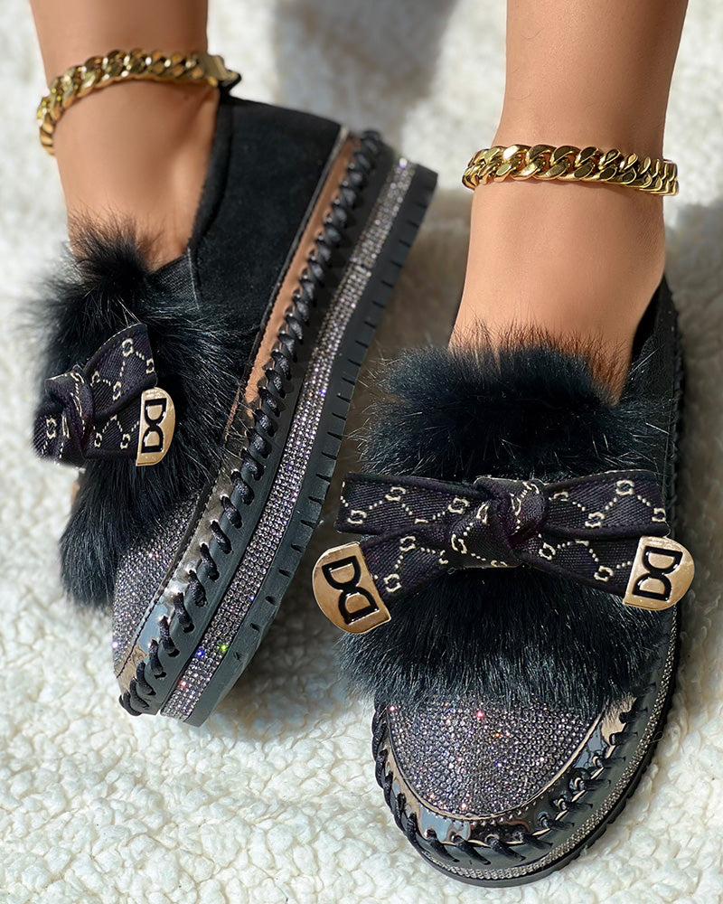 Rhinestone Bowknot Design Platform Fuzzy Slip-On Loafers