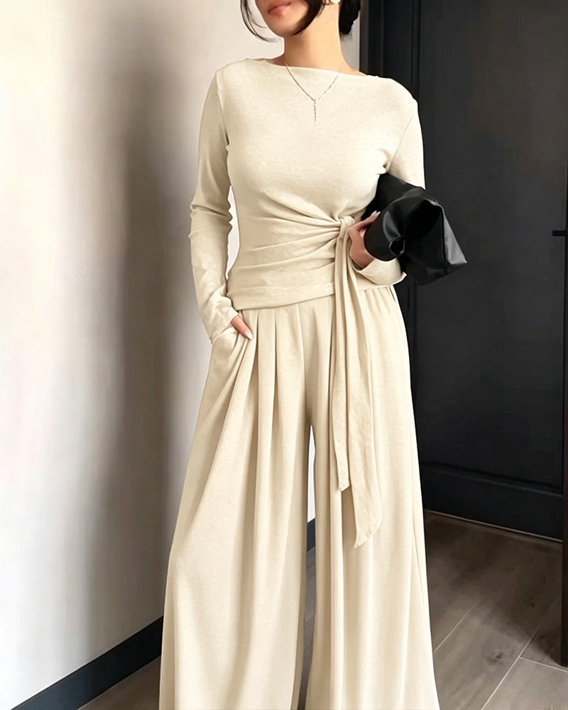 CHICME ESSENCE Women's 2 Piece Knit Lounge Set Long Sleeve Tie Waist Top and High Waisted Wide Leg Pants Casual Soft Sweatsuit with Pockets