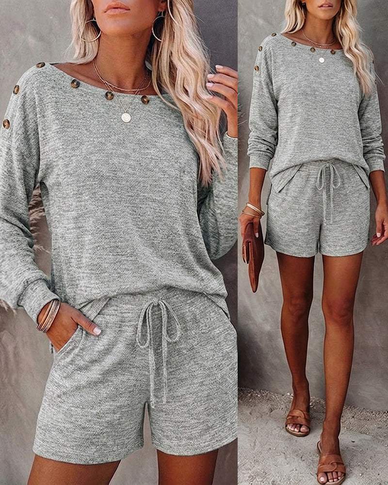 Women's 2 Piece Lounge Set Button Decor Long Sleeve Pullover Top and Drawstring Shorts Casual Sweatsuit with Pockets
