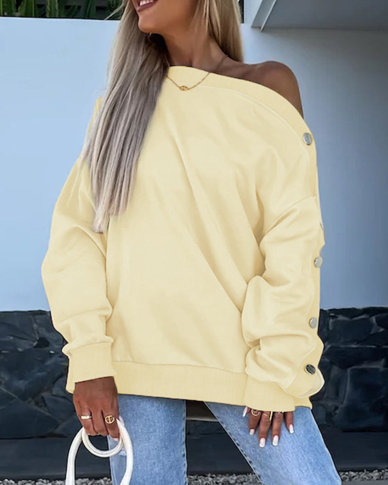 Skew Neck Buttoned Sweatshirt Casual Long Sleeve Pullover Tops Outfits