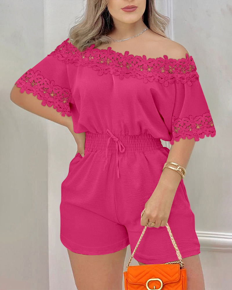 Women's Lace Off Shoulder Romper Shirred Waist Tied Detail Textured Short Jumpsuit with Pockets