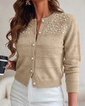Women's Pearl Beaded Knit Cardigan Elegant Hollow Out Crop Sweater Casual Button Down Coat