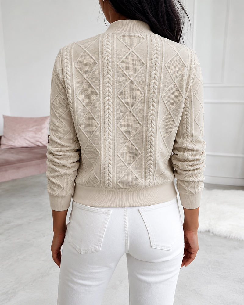 Women's Vintage Cable Knit Bomber Jacket Casual Argyle Zip Up Crop Coat with Pockets