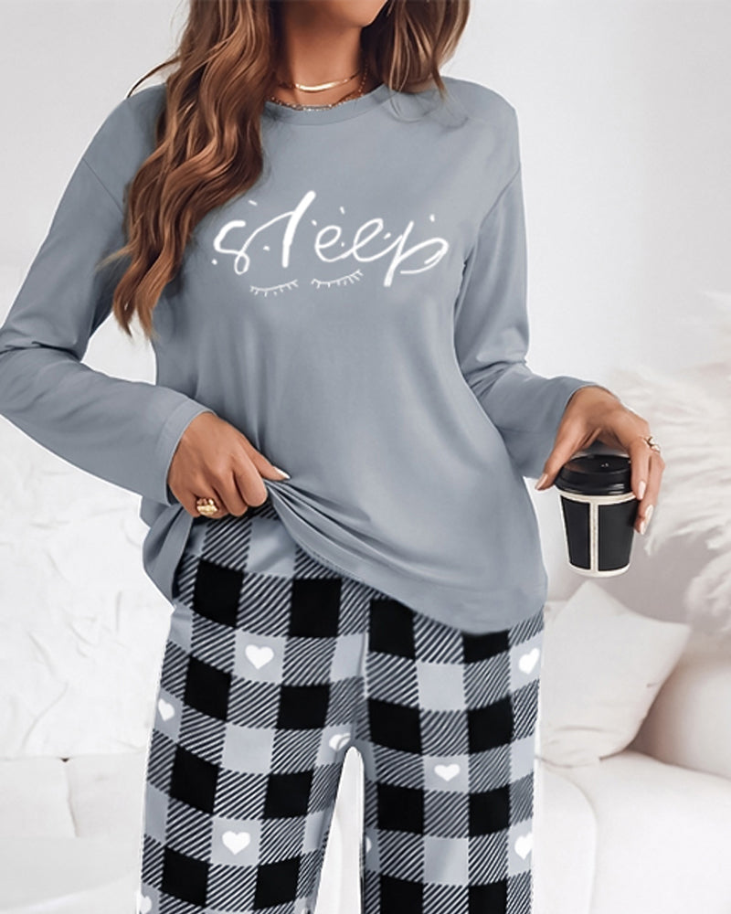 Women's 2 Piece Pajama Set Letter Print Long Sleeve Top and Plaid Heart Wide Leg Pants Casual Lounge Set