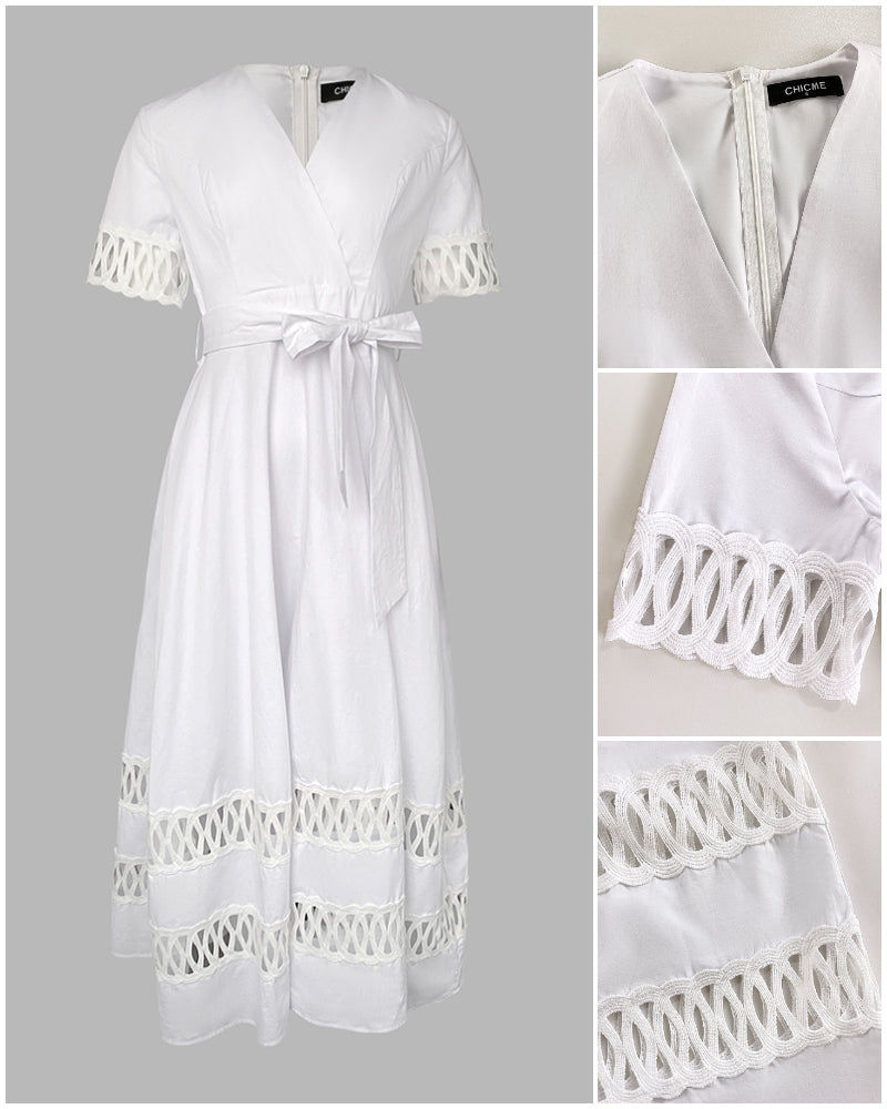Overlap Deep V-Neck Hollow-out Spliced High Waist Maxi Dress Casual Zipper Back Tie Waist Vacation Dress