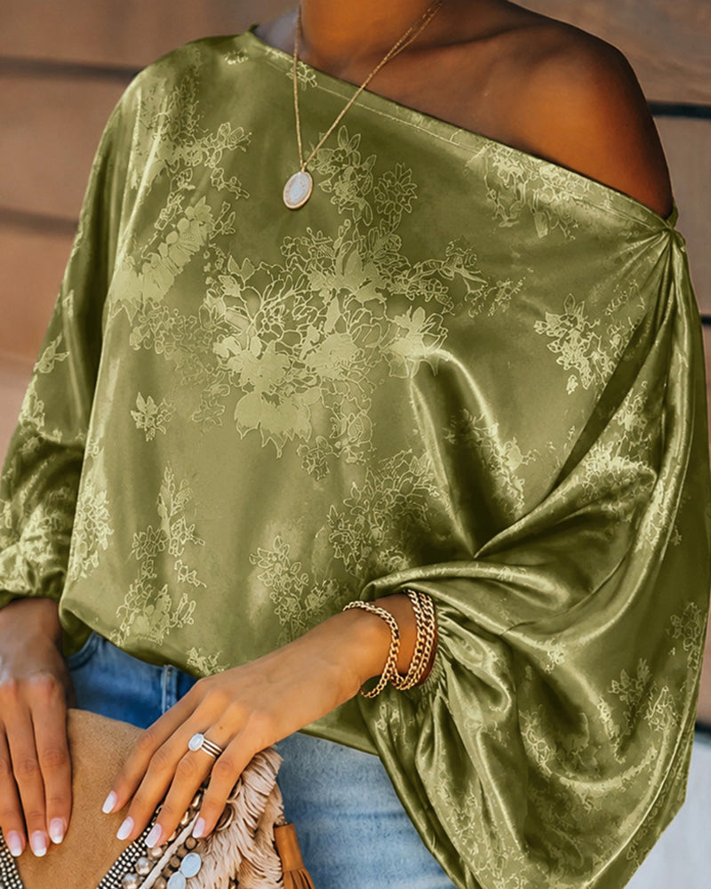 Women's Satin Jacquard Skew Neck Top Loose Vintage Lantern Sleeve Blouse