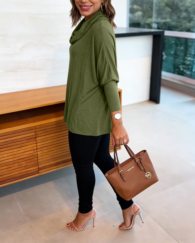 Women's Cowl Neck Batwing Sleeve Top Casual Long Sleeve Loose Pullover Comfortable Soft Drape Blouse