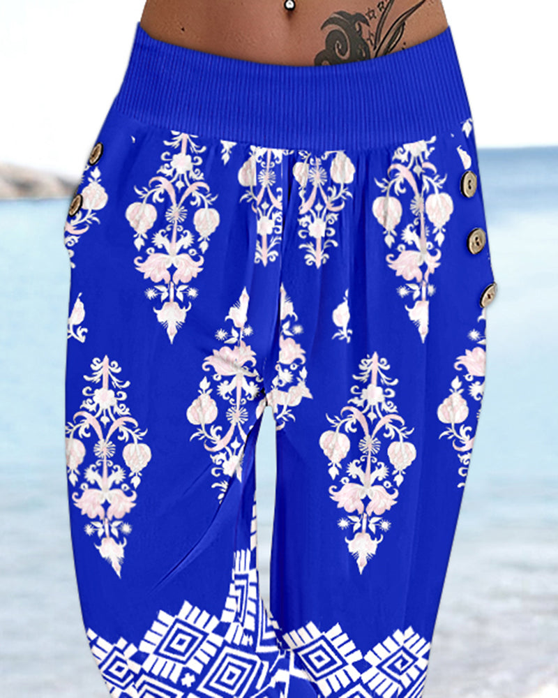 Tribal Print Low Waist Button Decor Capris Pants Vintage Pants with Pocket