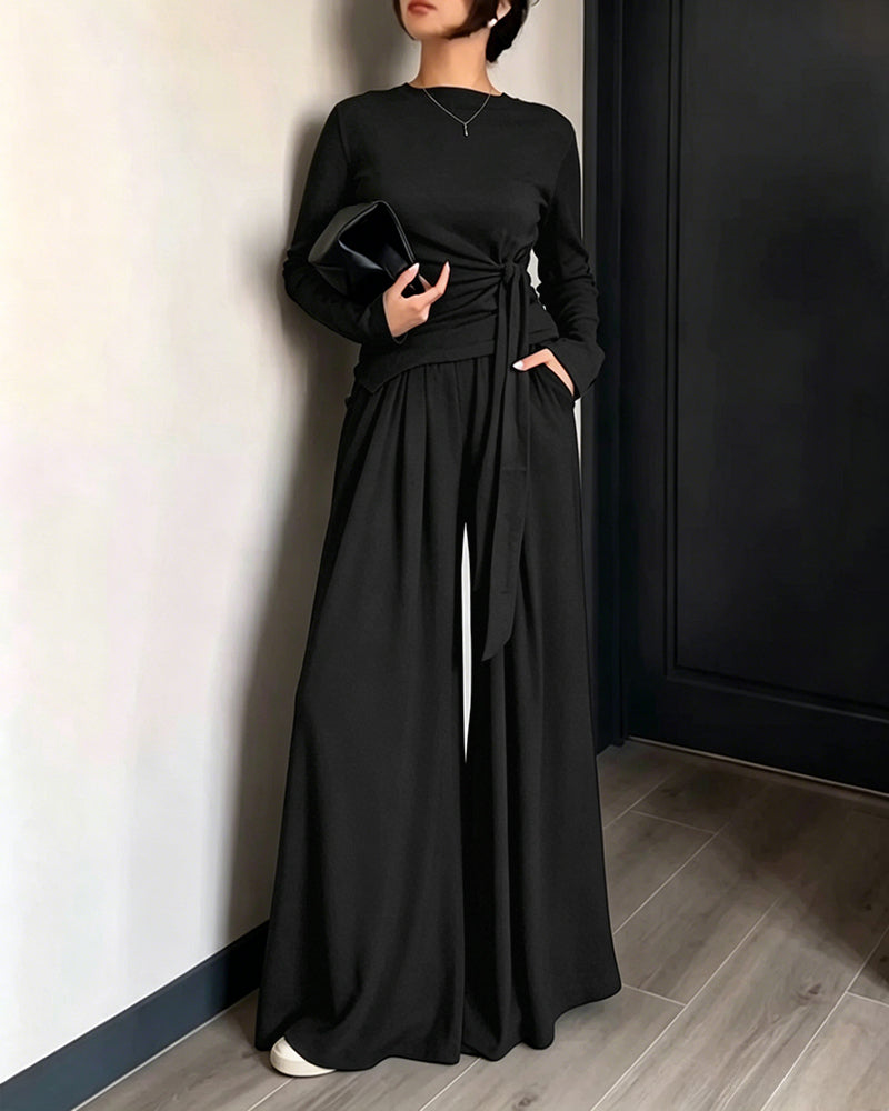 CHICME ESSENCE Women's 2 Piece Knit Lounge Set Long Sleeve Tie Waist Top and High Waisted Wide Leg Pants Casual Soft Sweatsuit with Pockets