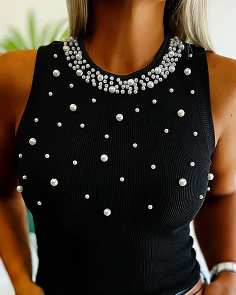Women's Pearls Slim Fit Tank Top Sleeveless O-neck Ribbed Knit Tee