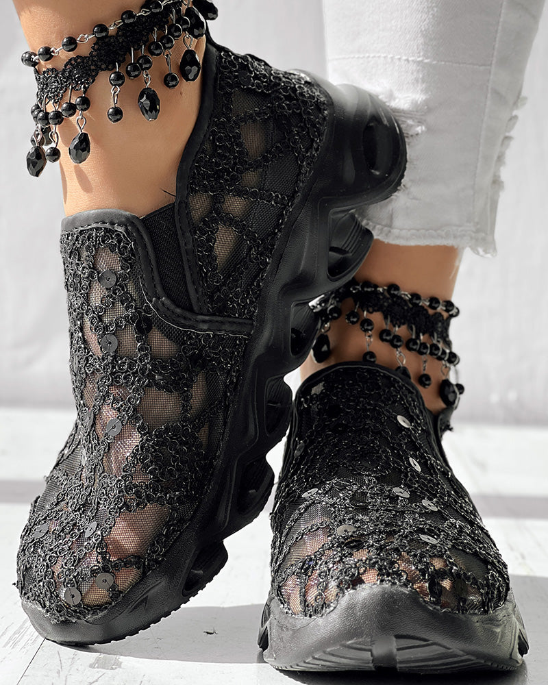 Contrast Sequin Sheer Mesh Patch Breathable Sneakers