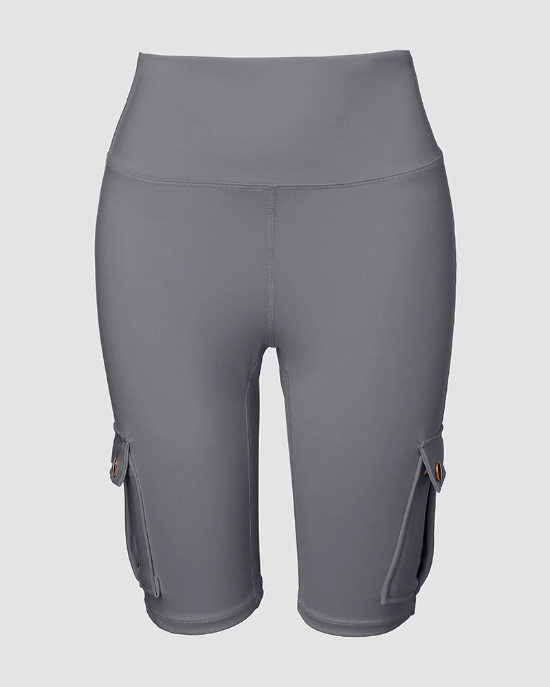 Tummy Control Butt Lifting Active Shorts High Waist Flap Pocket Workout Bermuda Cargo Running Shorts