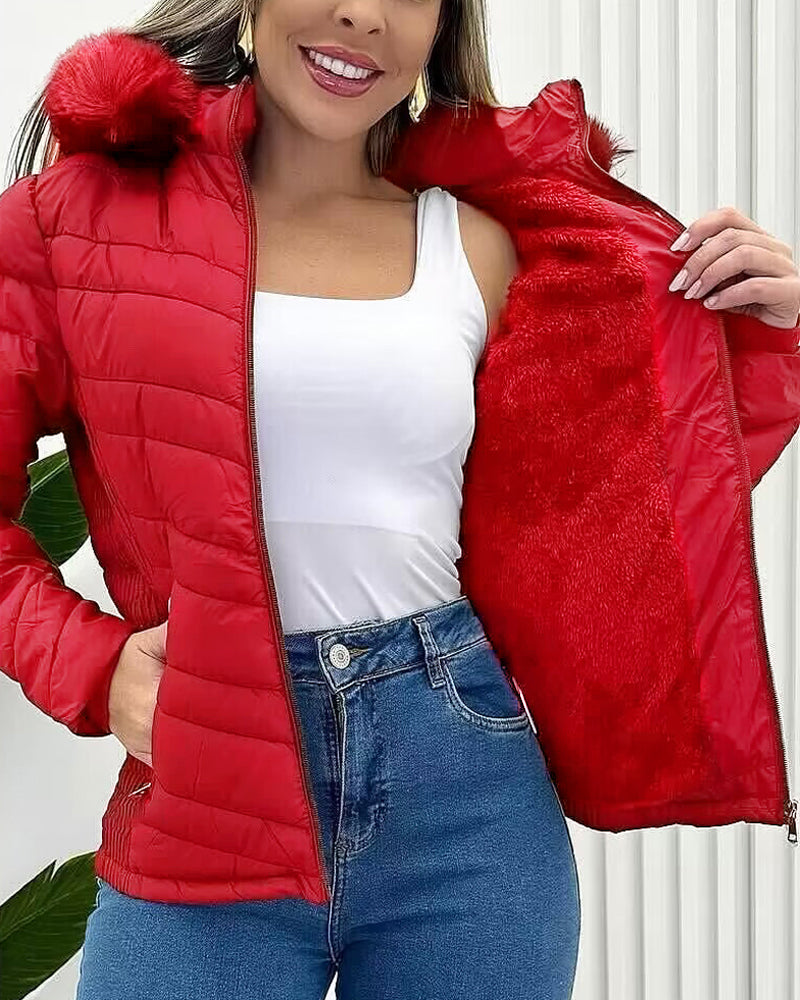 Zipper Pocket Design Shirred Fuzzy Trim Fleece Lined Hooded Puffer Jacket