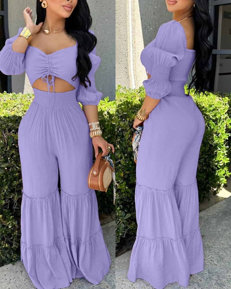 Sweetheart Neck Puff Sleeve Drawstring Front Shirred Overalls Casual Cutout Front Ruffle Hem Wide Leg Jumpsuit
