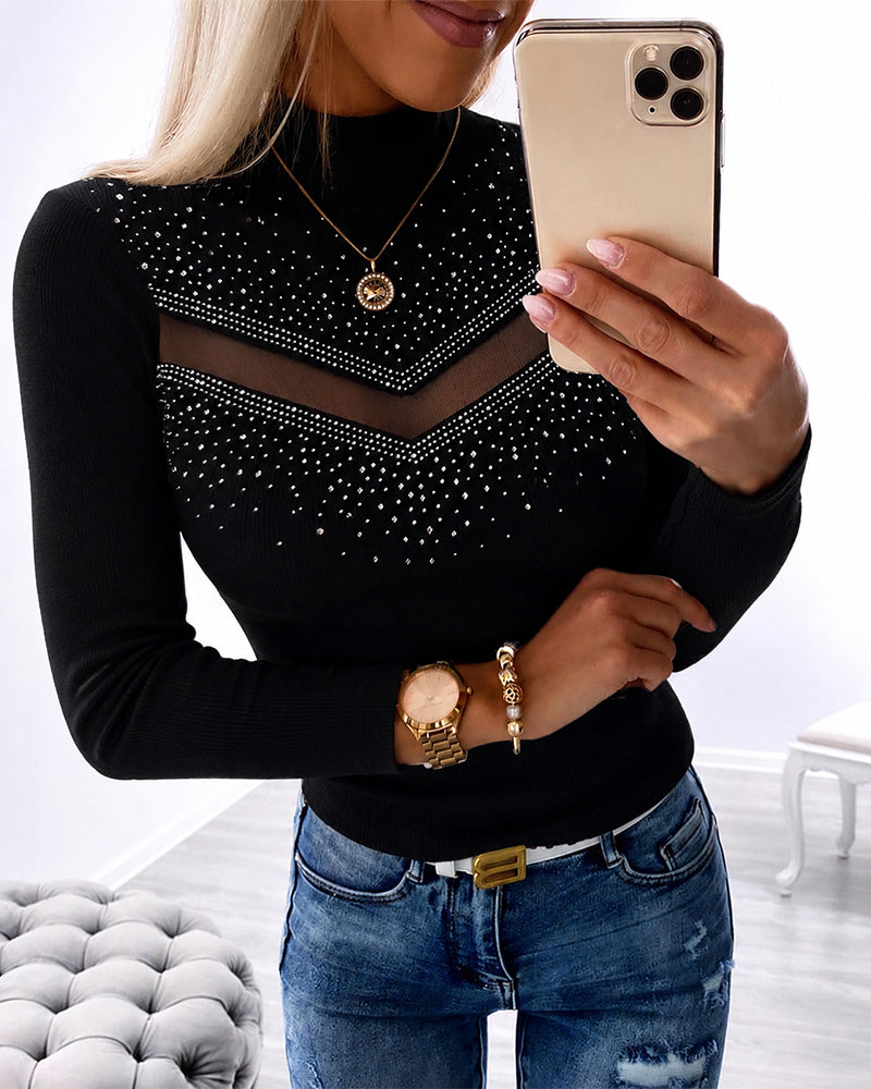 Women's Rhinestone Sheer Mesh Spliced Top Mock Neck Long Sleeve Knit Top Sparkly Fitted Pullover