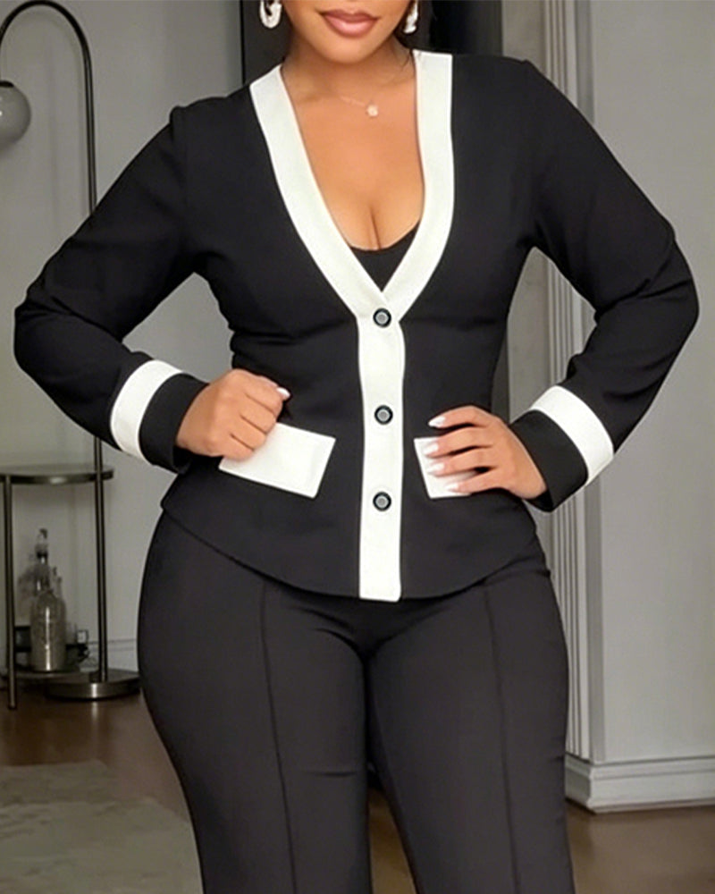 Women's Contrast Binding Coat Casual Slim Fit V Neck Jacket Button Front Office Business Workwear