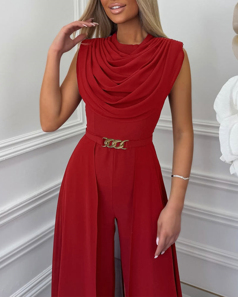 Women's Cowl Neck Wide Leg Jumpsuit High Waist Sleeveless Chiffon Overlay Spliced Evening Overalls with Belt