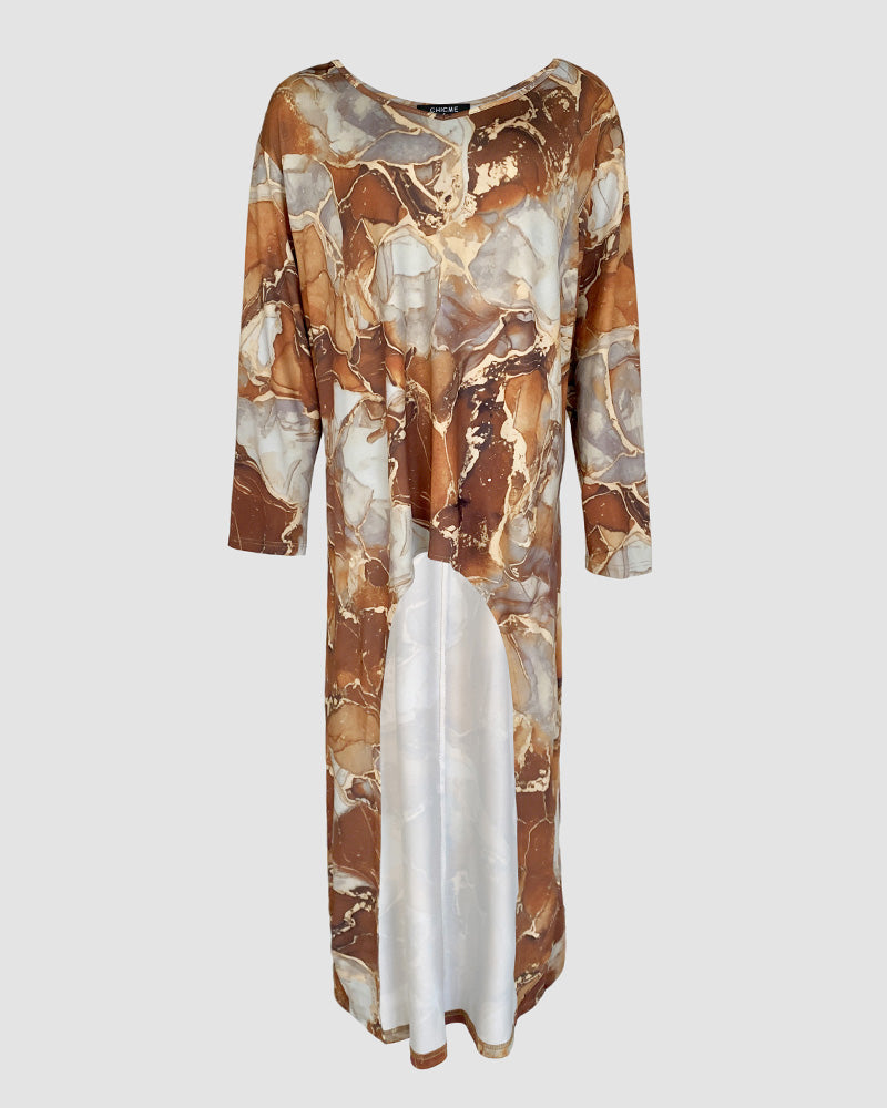 CHICME Women's Marble Print Long Sleeve Blouse Loose Fit High-Low Hem Tunic Top