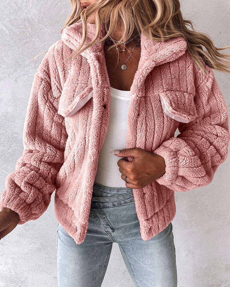 Textured Striped Turn-down Collar Button Front Elastic Cuff and Hem Teddy Fleece Jacket With Decorative Flap Pockets