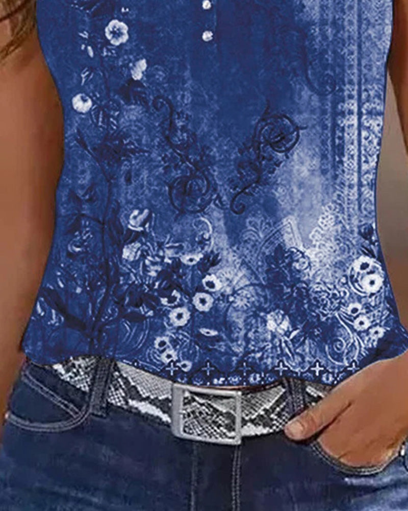 CHICME Women's Casual Floral Print Tank Top Sleeveless Notch Neck Vest with Rhinestone Accents