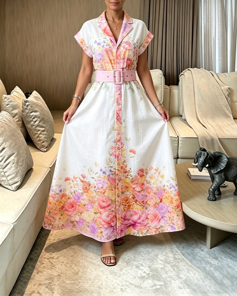Women's Floral Print Maxi Dress Notched Collar Button Down Swing Dress Elegant French Style Vacation Dress with Belt