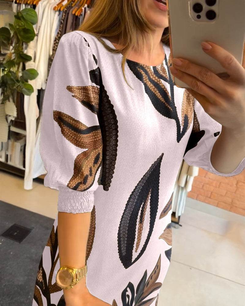 Plants Print Round Neck Half Sleeve Midi Dress