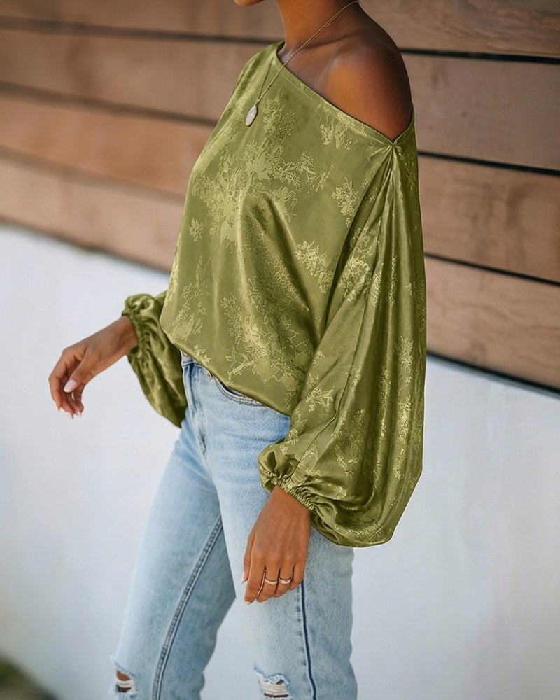 Women's Satin Jacquard Skew Neck Top Loose Vintage Lantern Sleeve Blouse