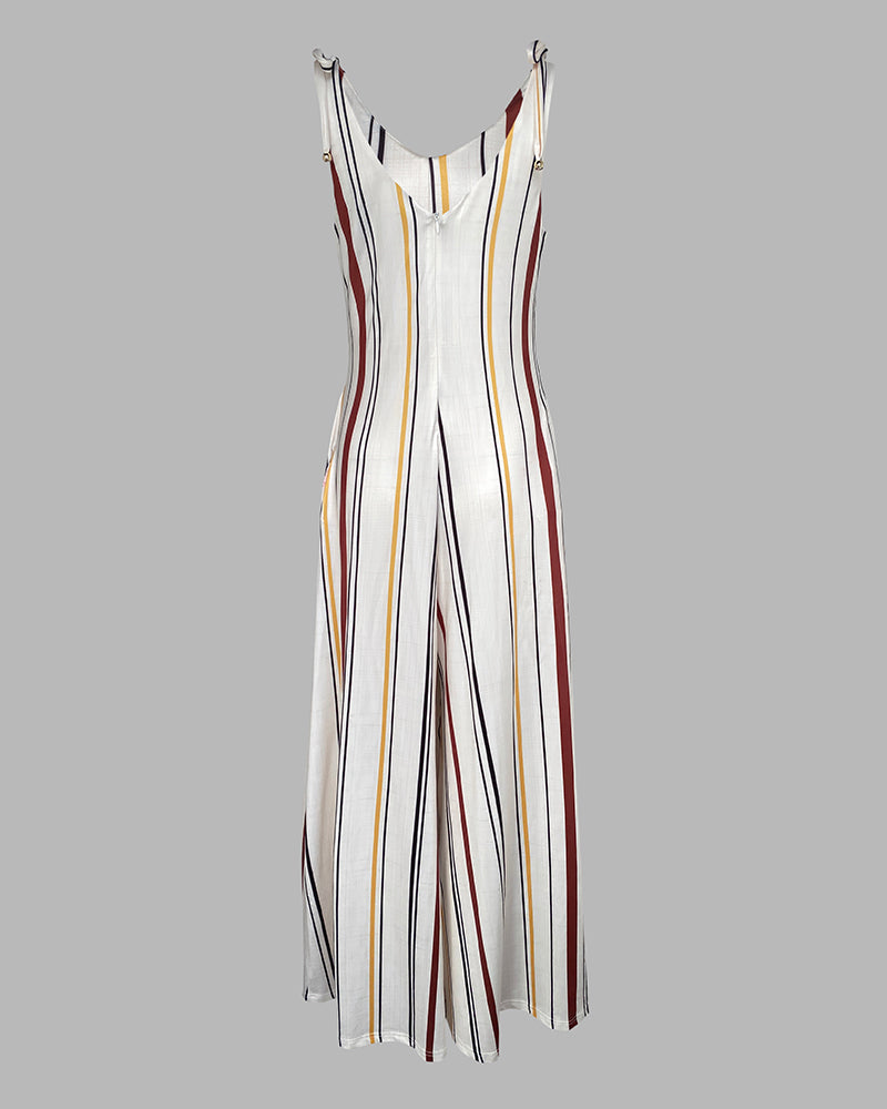 Women's V Neck Bow Tie Shoulder Striped Jumpsuit Casual Loose Wide Leg Overalls with Pockets